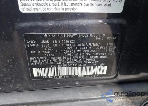 2010 Subaru Outback 2.5I Premium from USA, damaged, VIN 4S4BRCGC3A3360780